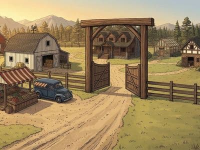 Yellowstone compound main gate and fence line — timber gate open, market stall on open gravel outside, barn and farmhouse visible through the gate