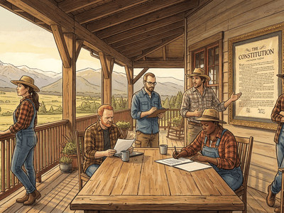 Six farm hands gathered on the farmhouse porch at morning standup, pen-and-ink illustration with watercolor washes in the Yellowstone series style